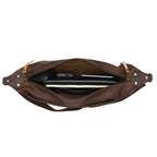 London Sling Large in Dark Coffee Brown, top view unzipped with a tablet, notebook and phone inside