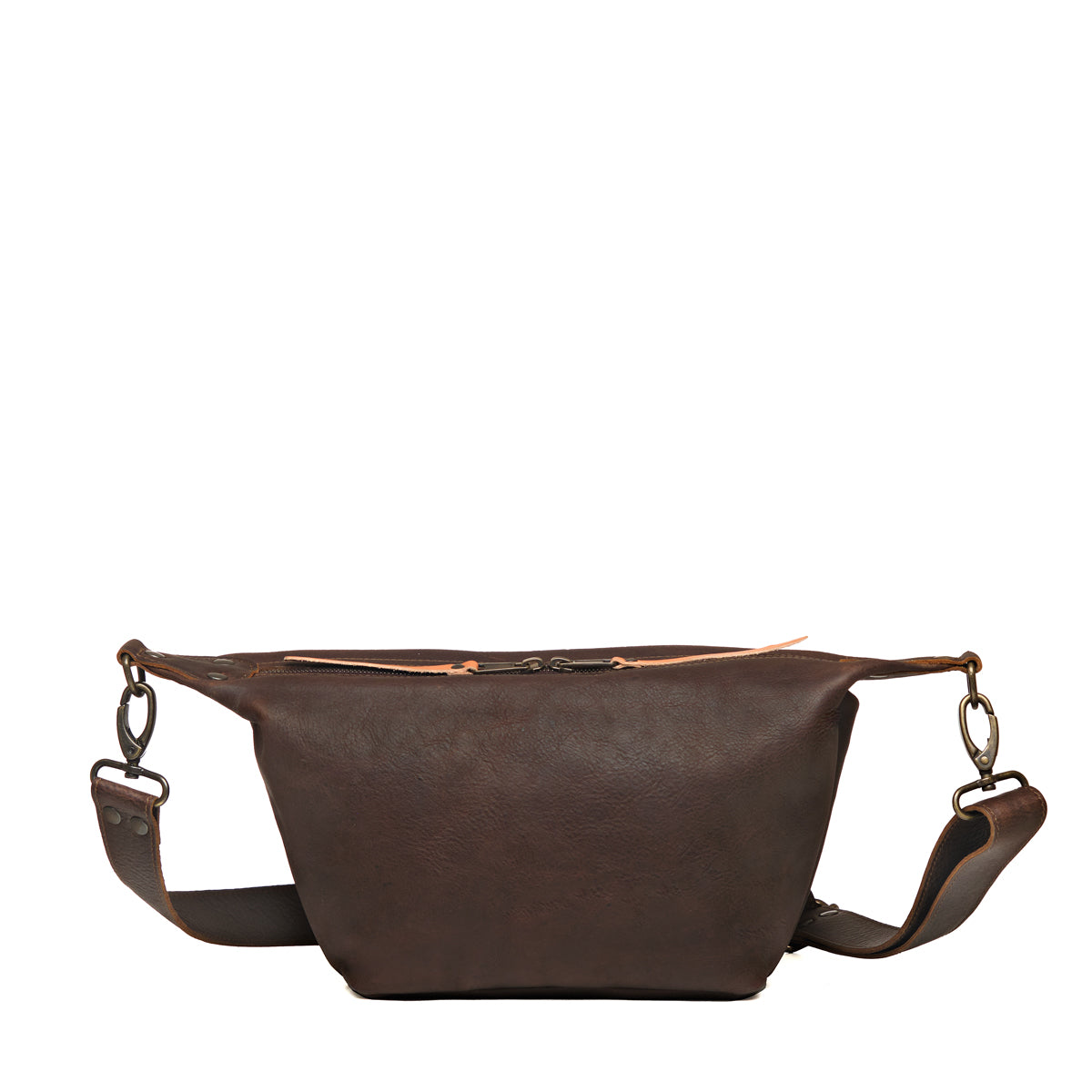 London Sling Small in Dark Coffee Brown, back view with smooth panel and adjustable strap