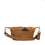 London Sling Small in Tobacco, front view with a phone tucked in the snap pocket