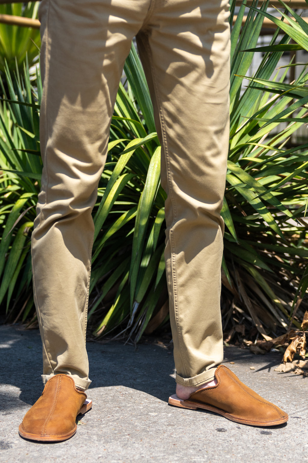 Legs in khaki pants wearing Barefoot Slip-on Mules in Tobacco leather in front of spiky green plants