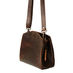 Leather Organizer Crossbody in Dark Coffee Brown, angled side view showing the side zipper pull