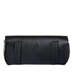 Leather Sunglass Case in Black, back view with two belt loops and small embossed tortoise