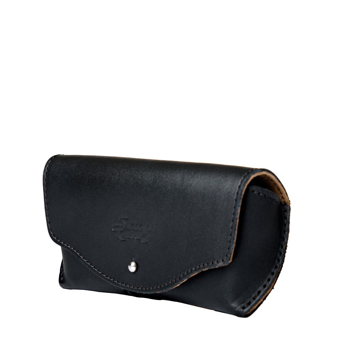 Leather Sunglass Case in Black, closed angled view showing curved flap and snap closure