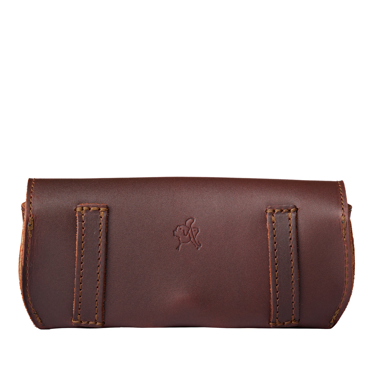 Leather Sunglass Case in Chestnut, back view with two belt loops and small embossed tortoise