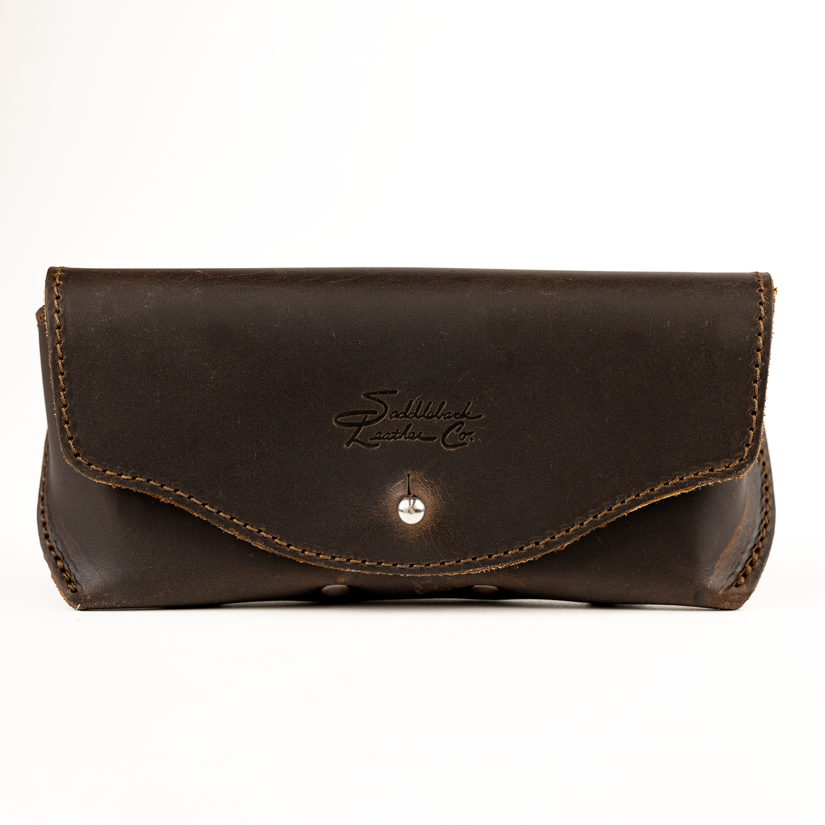 Leather Sunglass Case in Dark Coffee Brown, closed front view with flap, snap closure and embossed logo