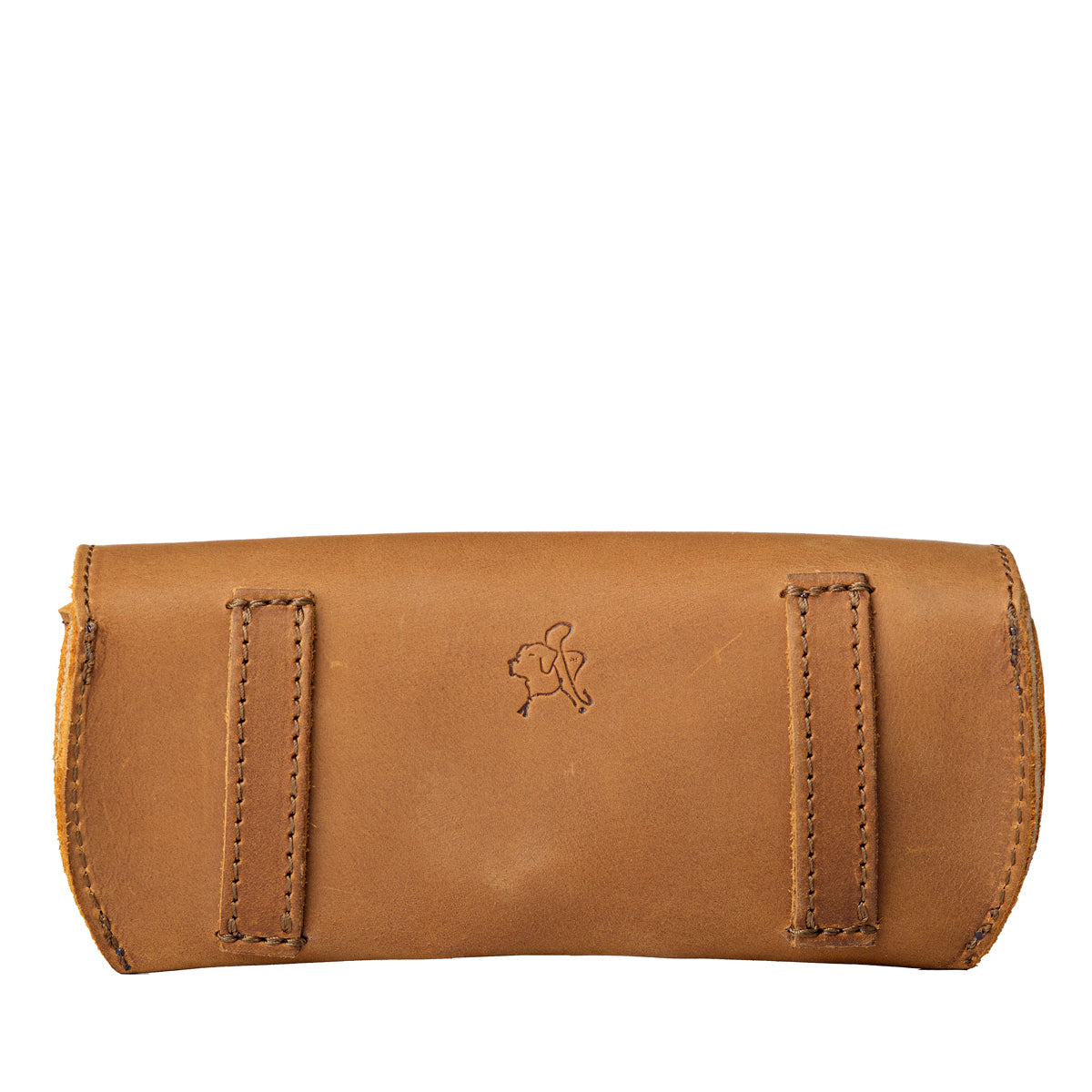 Leather Sunglass Case in Tobacco, back view with two belt loops and small embossed tortoise
