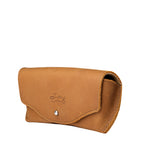 Leather Sunglass Case in Tobacco, closed angled side view showing curved flap and snap closure