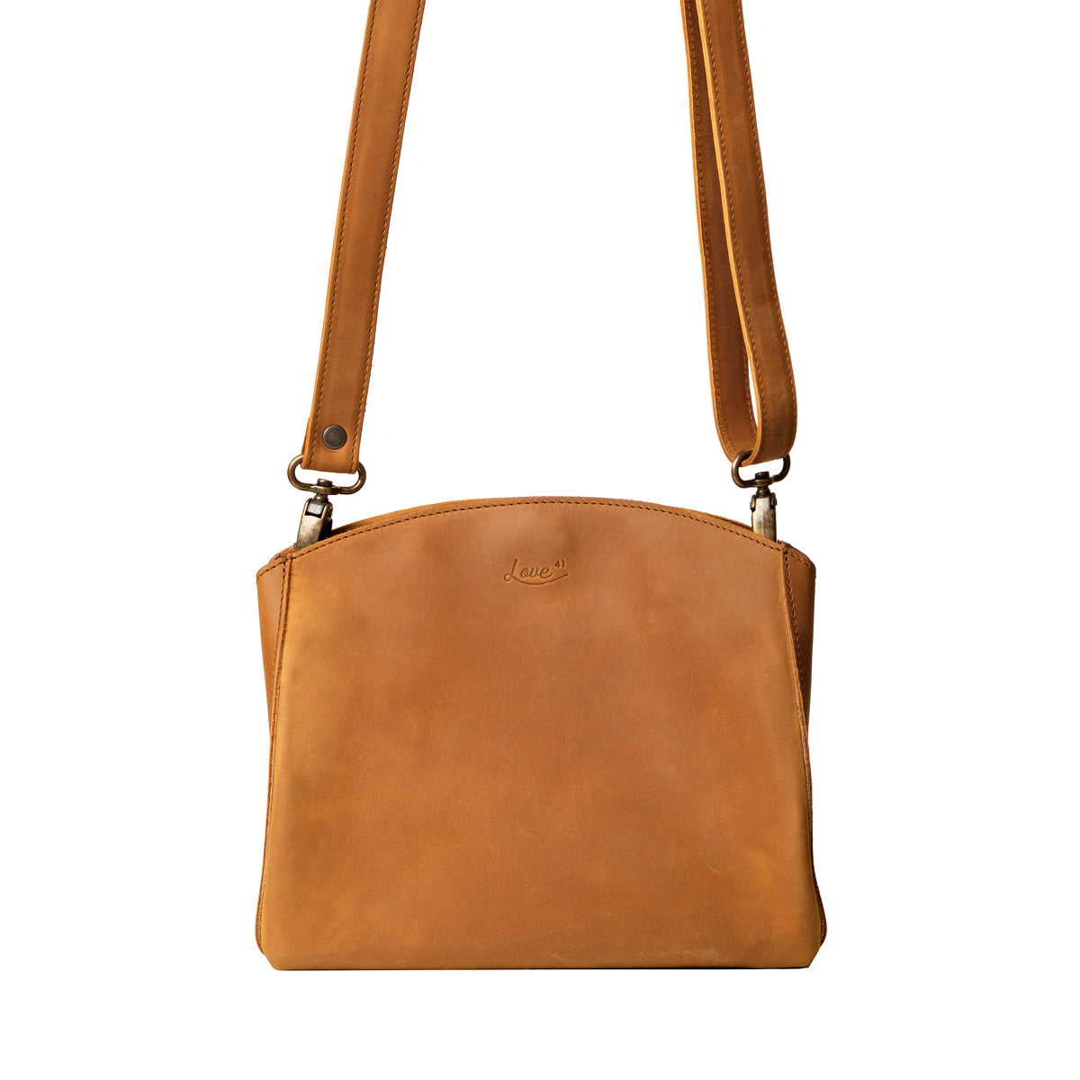 Leather Organizer Crossbody in Tobacco, front view with shoulder strap