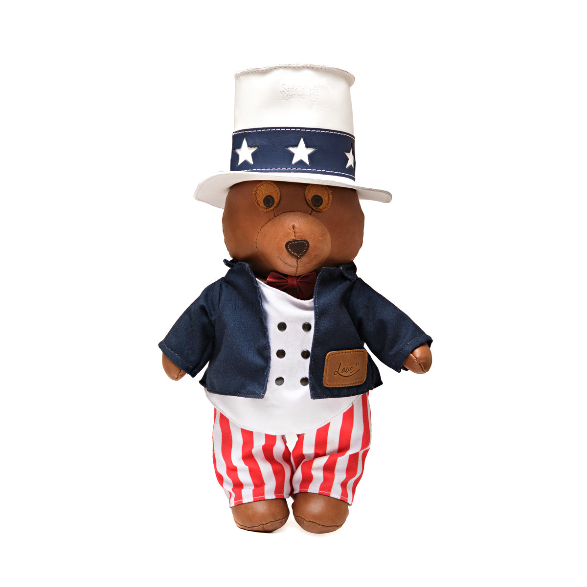2026 Uncle Sam Teddy Bear, front view in star top hat, navy jacket with leather pocket patch and striped pants