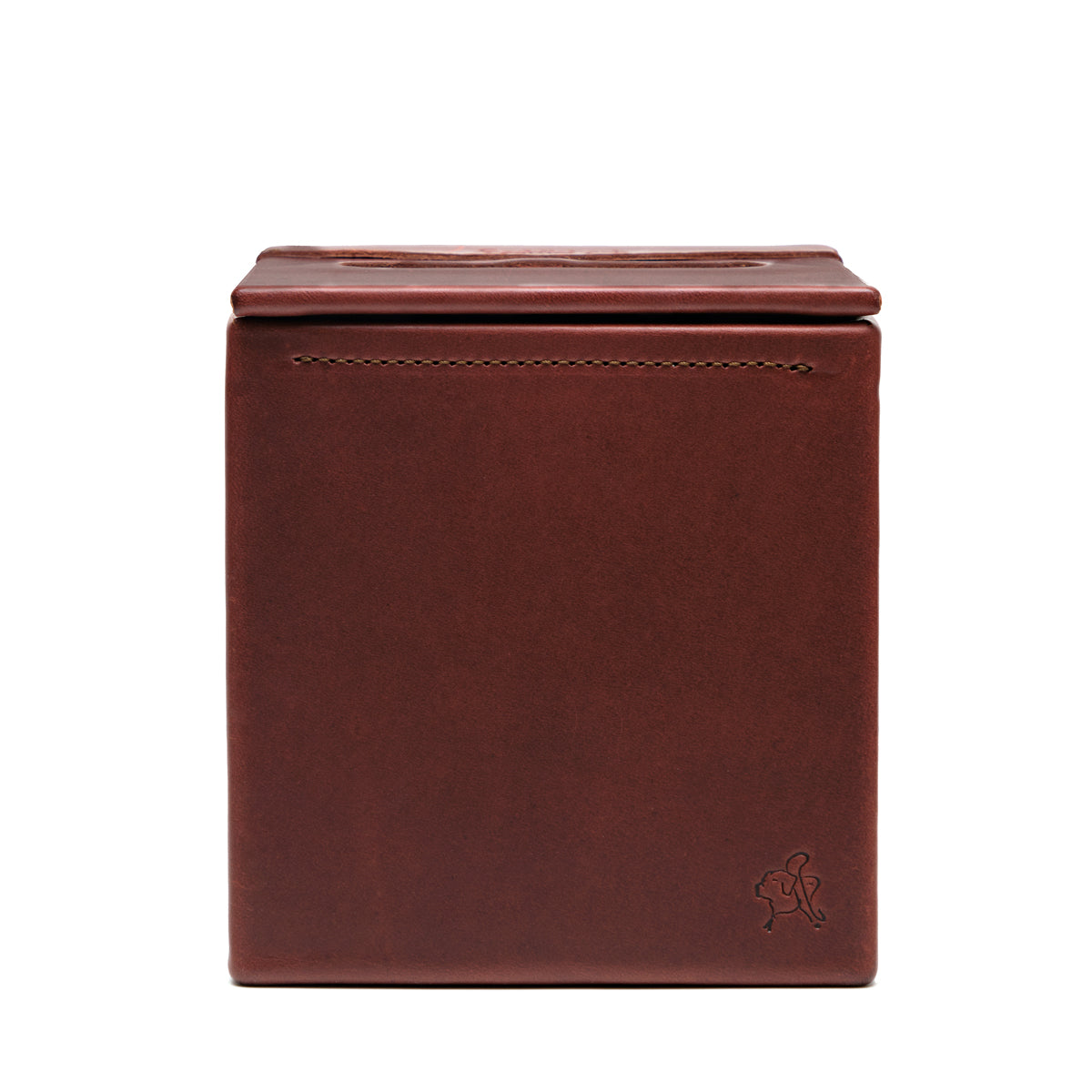 Tissue Box in Chestnut leather, straight-on side view of the empty box with embossed pig logo