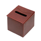 Tissue Box in Chestnut leather, empty, top angled view of the tissue slot and embossed Saddleback Leather Co. logo