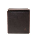 Tissue Box in Dark Coffee Brown leather, straight-on side view of the empty box with embossed pig logo