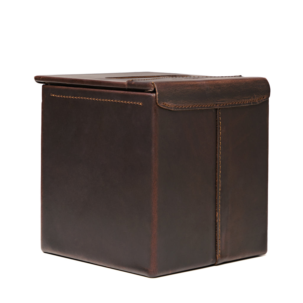 Tissue Box in Dark Coffee Brown leather, angled view of the empty box showing the stitched corner seam and lid