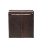 Tissue Box in Dark Coffee Brown leather, back view showing the vertical stitched seam and lid flap