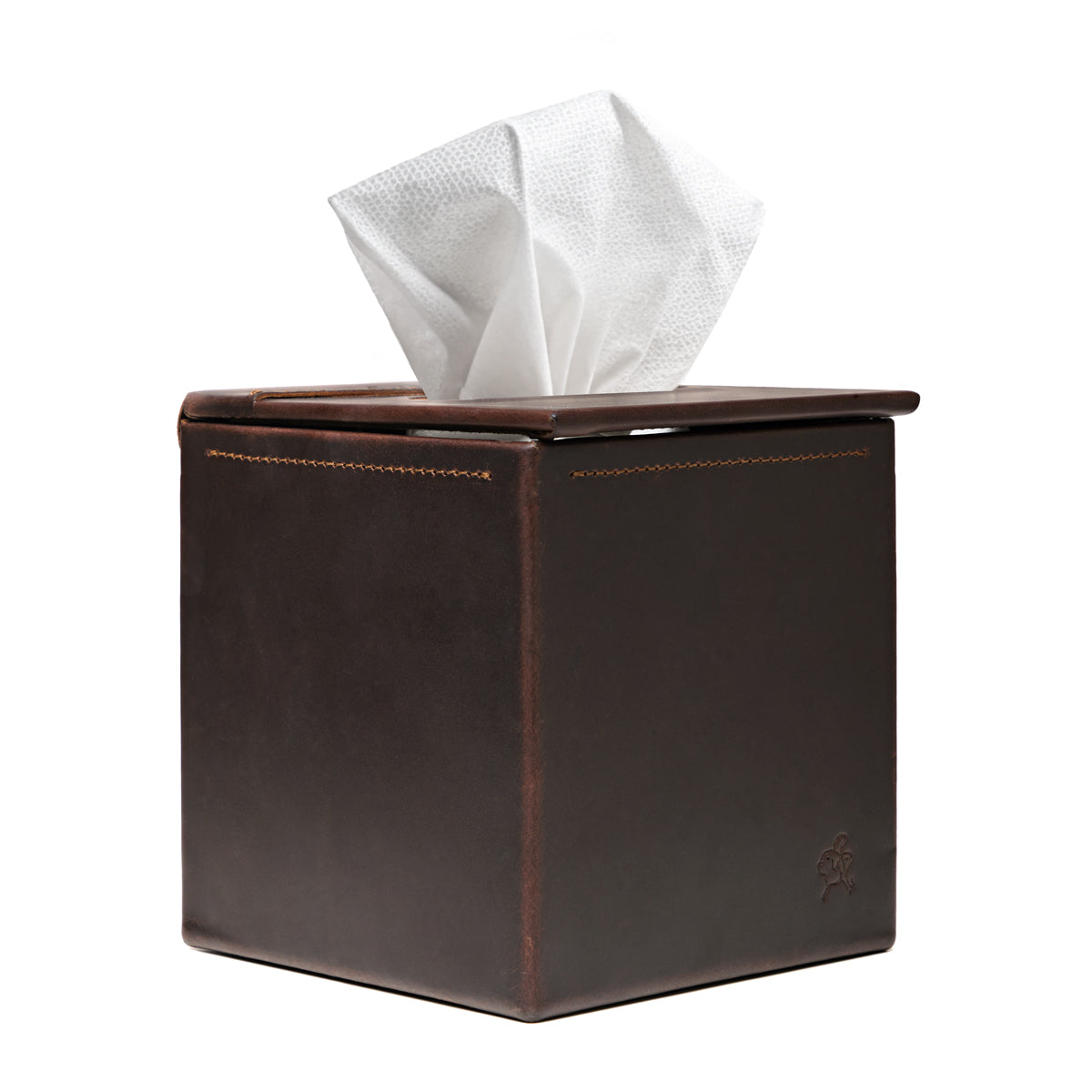 Tissue Box in Dark Coffee Brown leather, front view with stitched seams and a tissue pulled from the top
