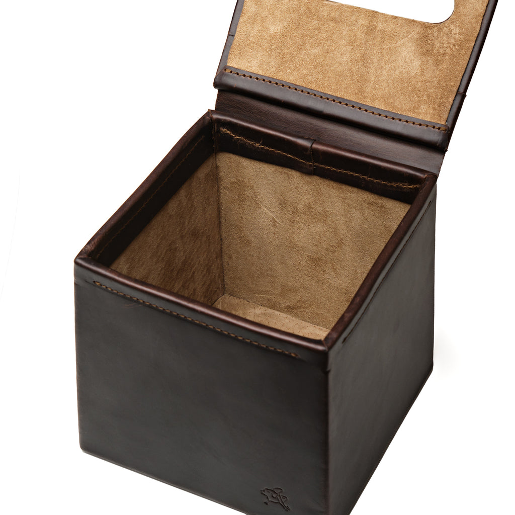 Tissue Box in Dark Coffee Brown leather with hinged lid open, showing the empty suede-lined interior
