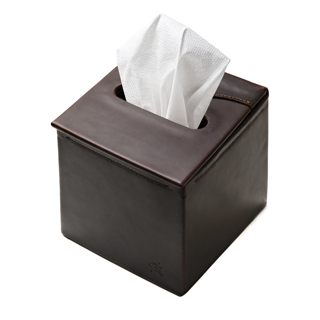 Tissue Box in Dark Coffee Brown leather, top angled view with a tissue pulled through the slot