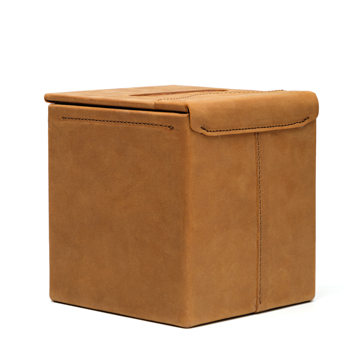 Tissue Box in Tobacco leather, angled view of the empty box showing the stitched corner seam and lid