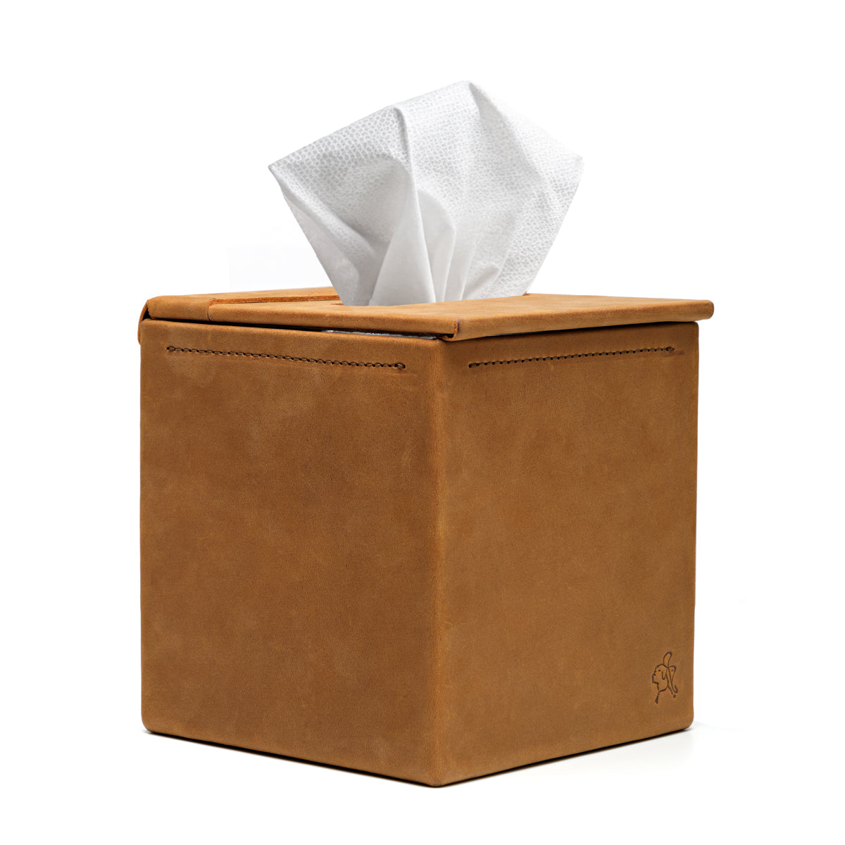 Tissue Box in Tobacco leather, front view with stitched seams and a tissue pulled from the top