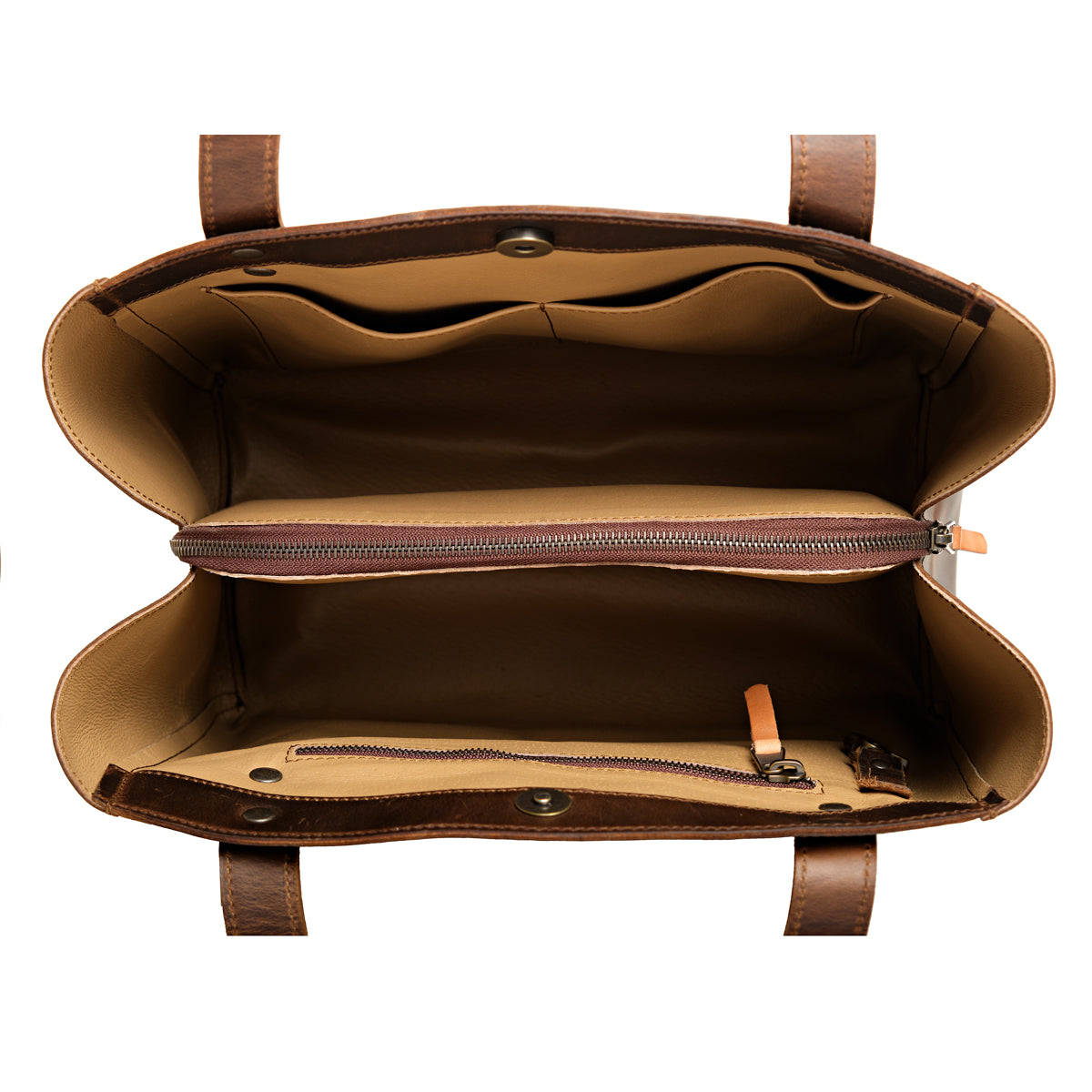 Leather Organizer Satchel in Dark Coffee Brown, top-down view of the empty interior with zippered divider and key clip