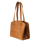 Leather Organizer Satchel in Tobacco, angled side view showing the side zipper pull