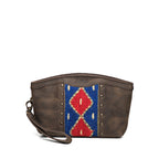 Lanita Leather Clutch in charcoal gray, front view with blue and red woven panel, studs and wrist strap