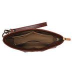 Lanita Leather Clutch in Chestnut, top-down view of empty unzipped interior with wrist strap