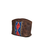 Lanita Leather Clutch in Dark Coffee Brown, angled front view with woven panel and studs