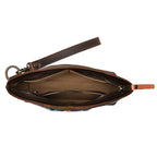 Lanita Leather Clutch in Dark Coffee Brown, top-down view of empty unzipped interior with wrist strap