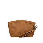 Lanita Leather Clutch in Tobacco, plain back view with wrist strap