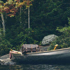 24" Waterbag in dark brown, resting in a canoe on a forest lake shore