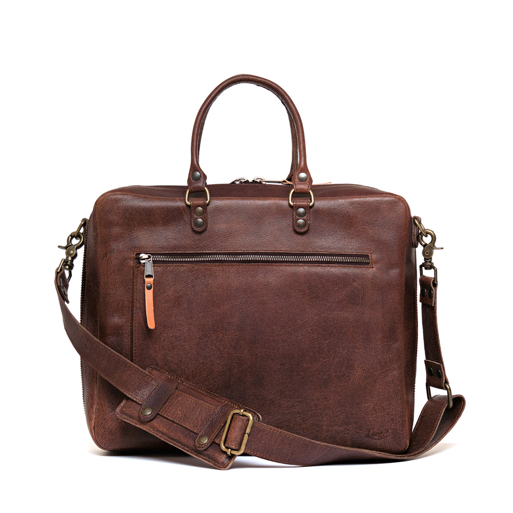 Women's Business Satchel in Chestnut, front view with zippered pocket, top handles and shoulder strap
