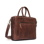 Women's Business Satchel in Chestnut, angled front view with zippered pocket and side zipper