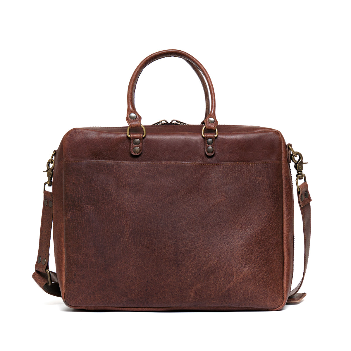 Women's Business Satchel in Chestnut, back view with top handles and shoulder strap