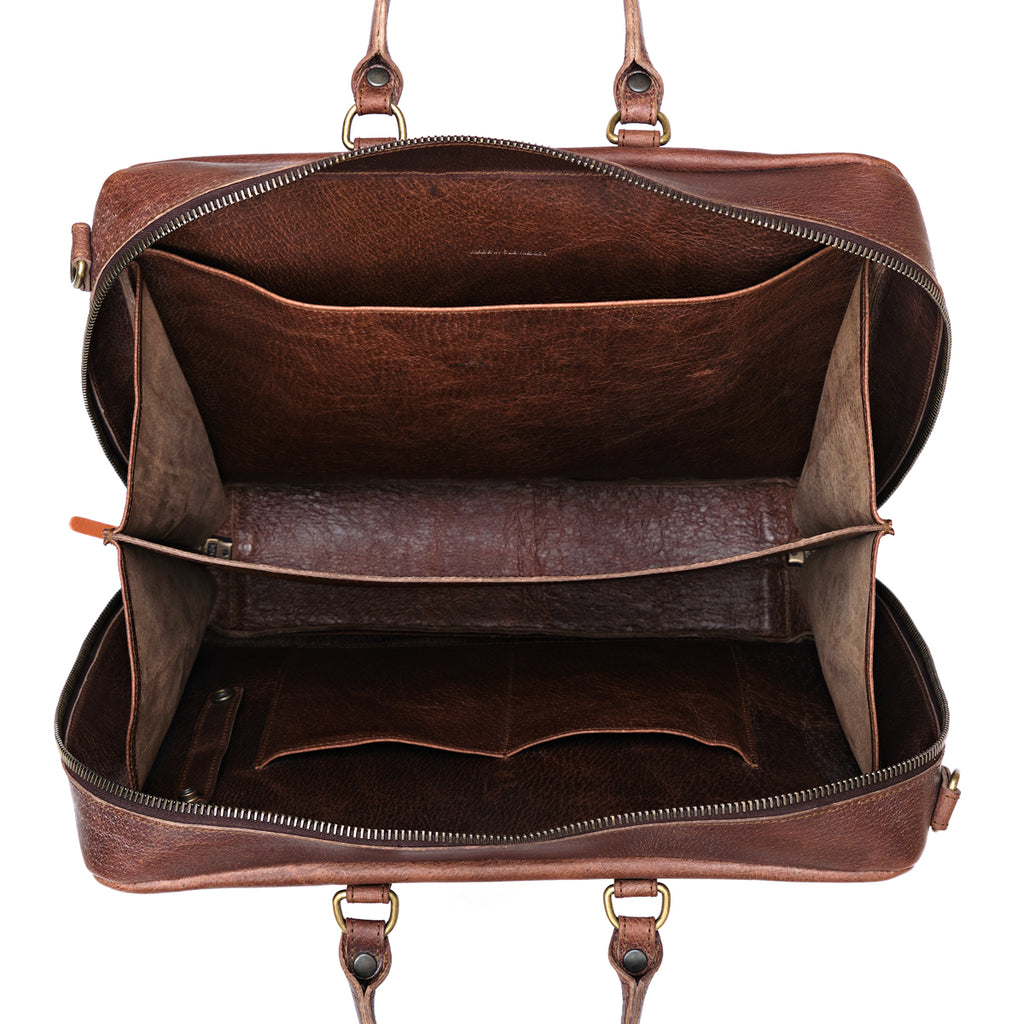 Women's Business Satchel in Chestnut, top-down view of the empty interior with divided compartments