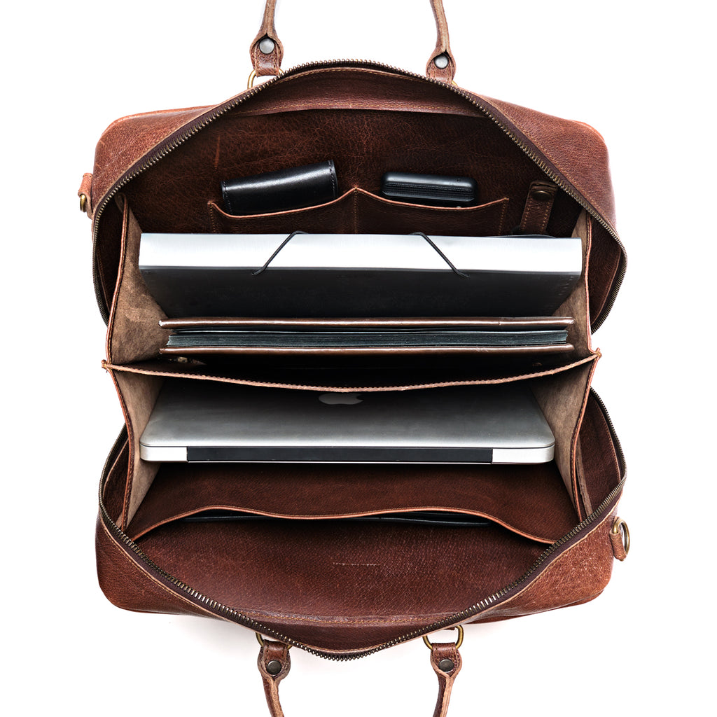 Women's Business Satchel in Chestnut, top-down view of the open compartments holding a laptop, folders and card holders