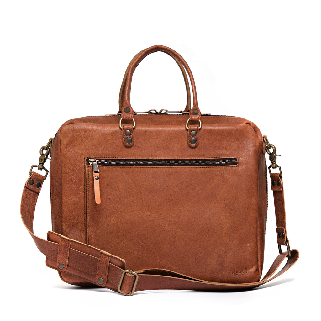 Women's Business Satchel in Tobacco, front view with zippered pocket, top handles and shoulder strap