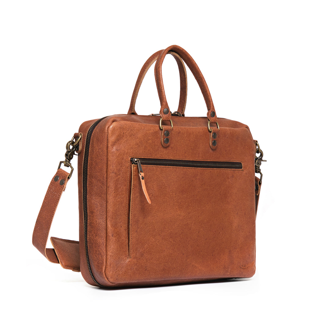 Women's Business Satchel in Tobacco, angled front view with zippered pocket and side zipper