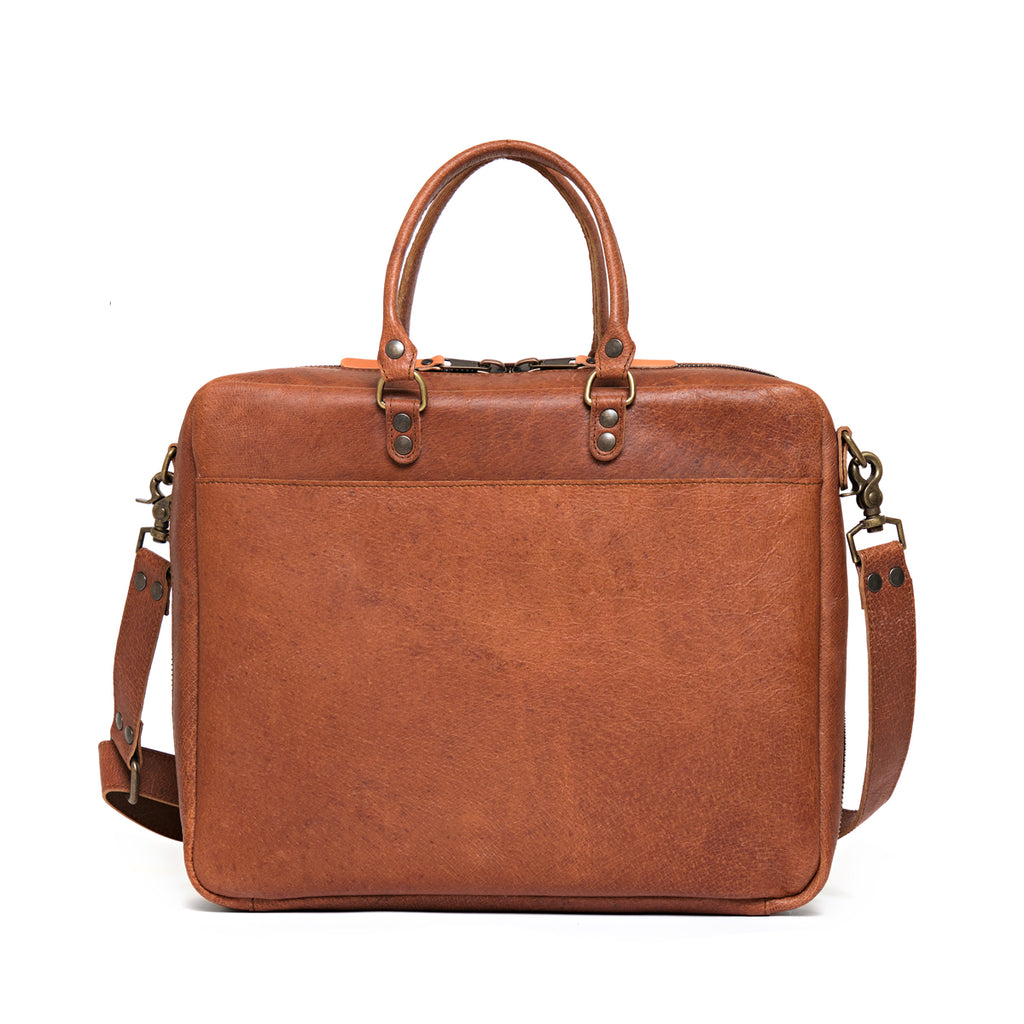Women's Business Satchel in Tobacco, back view with top handles and shoulder strap
