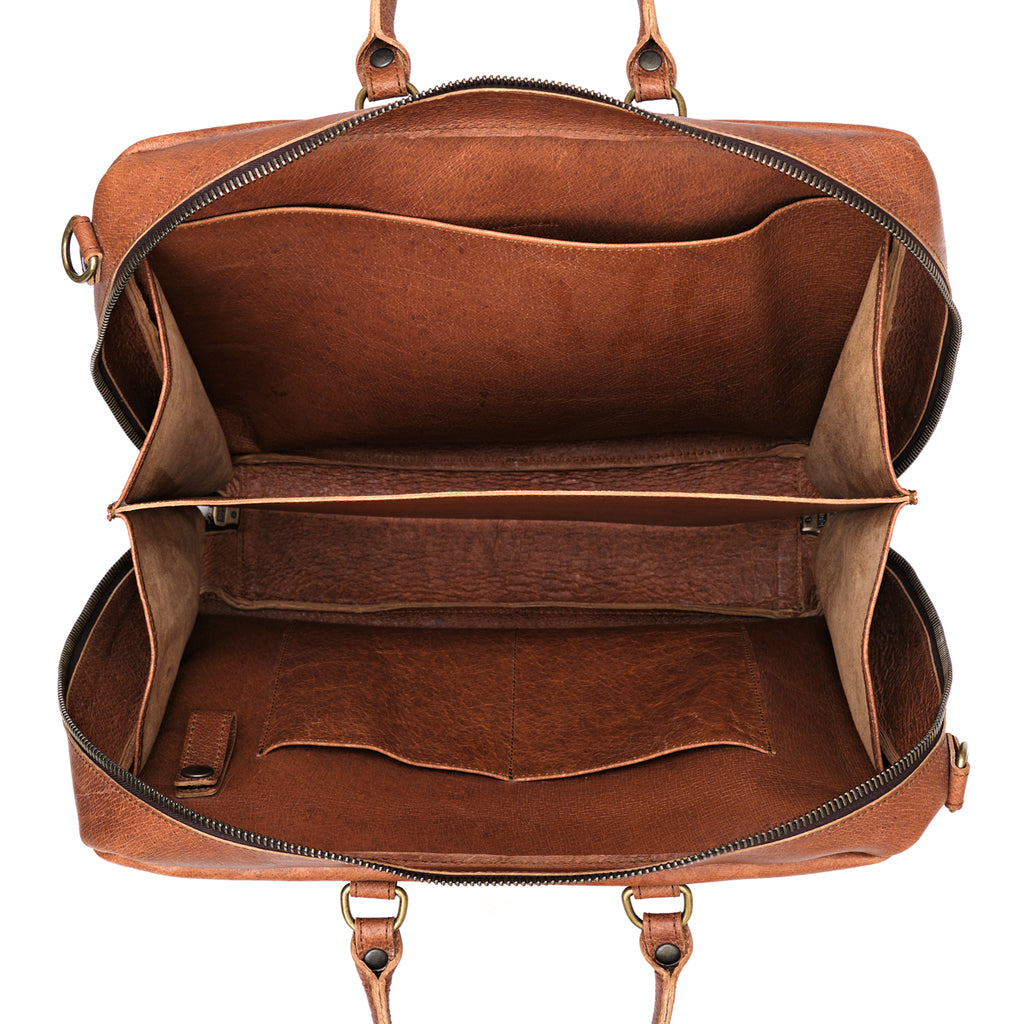 Women's Business Satchel in Tobacco, top-down view of the empty interior with divided compartments