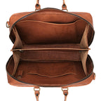 Women's Business Satchel in Tobacco, top-down view of the empty interior with divided compartments