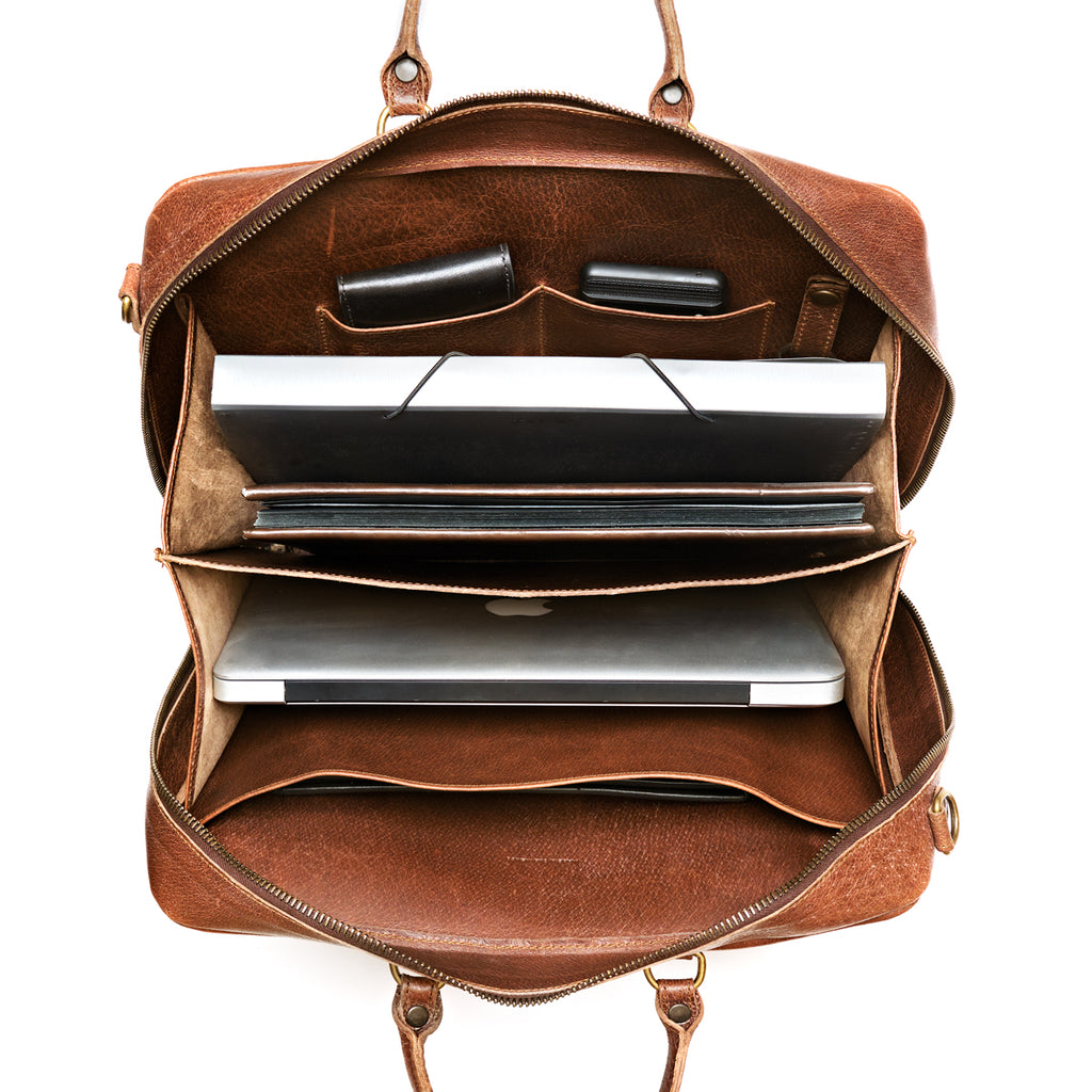 Women's Business Satchel in Tobacco, top-down view of the open compartments holding a laptop, folders and card holders