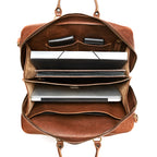 Women's Business Satchel in Tobacco, top-down view of the open compartments holding a laptop, folders and card holders