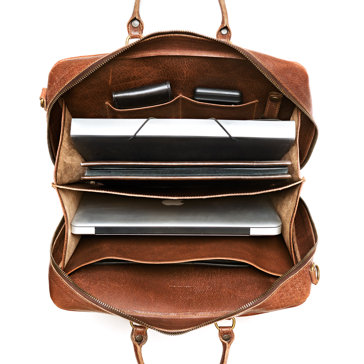 Women's Business Satchel in Tobacco, top-down view of the open compartments holding a laptop, folders and card holders