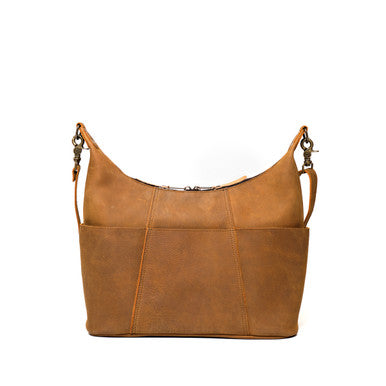 Women's Hobo Organizer Bag in Tobacco, back view with slip pocket and strap