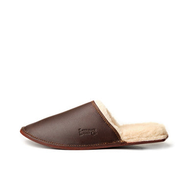 Women's Sheepskin Slipper in Dark Coffee Brown, single side view with fleece lining
