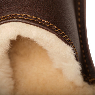 Men's Sheepskin Slippers in Dark Coffee Brown, close-up of shearling lining and stitching