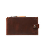 Leather Long Wallet in Chestnut, front view showing zipper pull and snap closure