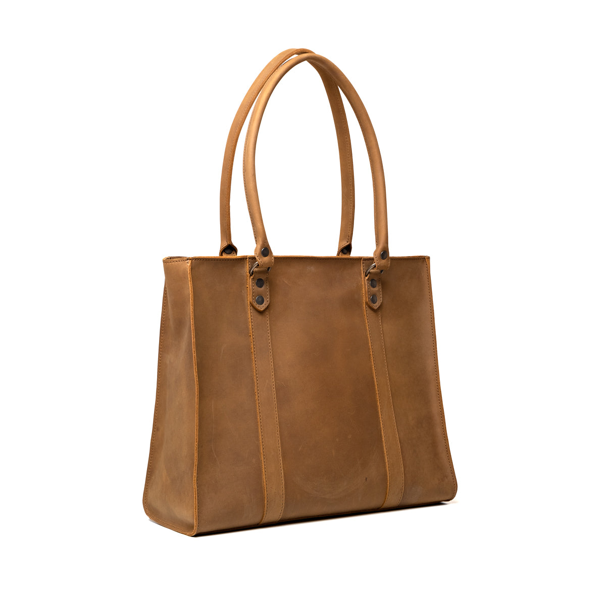 Women's Work Tote in Tobacco, angled back view with riveted shoulder handles