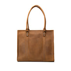 Women's Work Tote in Tobacco, front view showing slip pocket and embossed logo